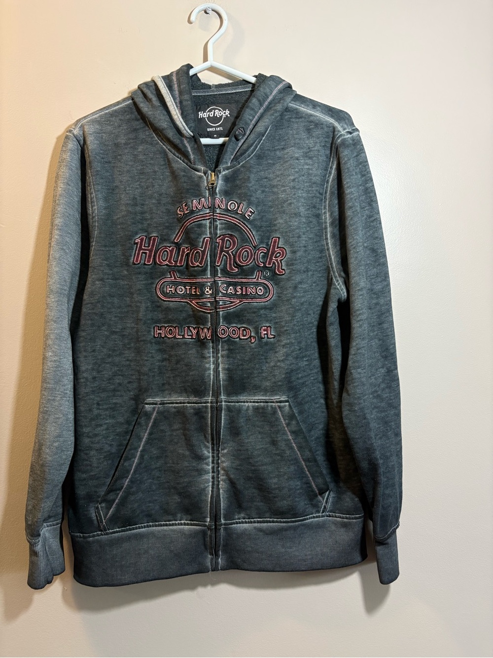 Hard Rock Cafe Gray Zip Hoodie with Pink Embroidered Logo